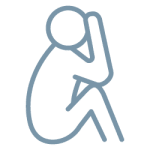 Simple line drawing of a person sitting with their knees up and head resting on one hand, suggesting a contemplative or distressed posture.